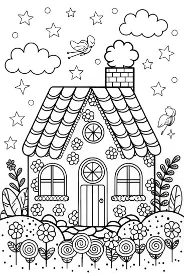 A coloring page of Gingerbread House in the Enchanted Garden Coloring Page