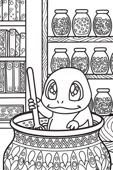A coloring page of Charmander’s Potion Adventure Coloring Page