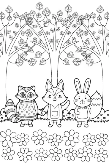 A coloring page of Easter Parade of Woodland Creatures Coloring Page