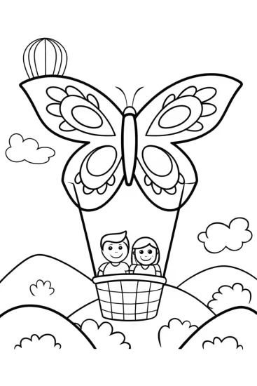 A coloring page of Butterfly Hot Air Balloon Ride Coloring Page