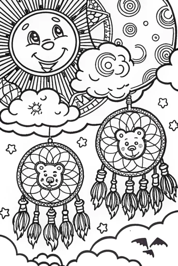 A coloring page of Care Bears in a Cloudy Dreamscape Coloring Page