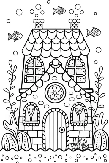 A coloring page of Gingerbread House at Ocean Depths Coloring Page