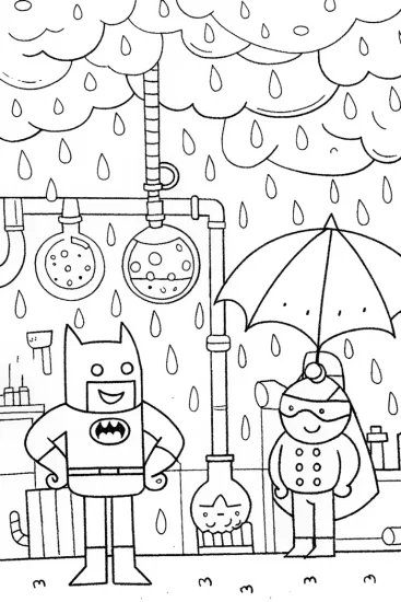 A coloring page of Batman and the Whimsical Weather Wizard Coloring Page