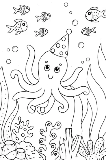 A coloring page of Underwater Summer Adventure with Octopus and Dolphin