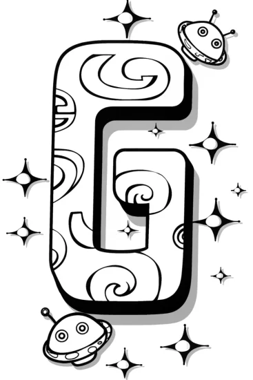 A coloring page of Adventurous Letter ‘G’ in Outer Space Coloring Page
