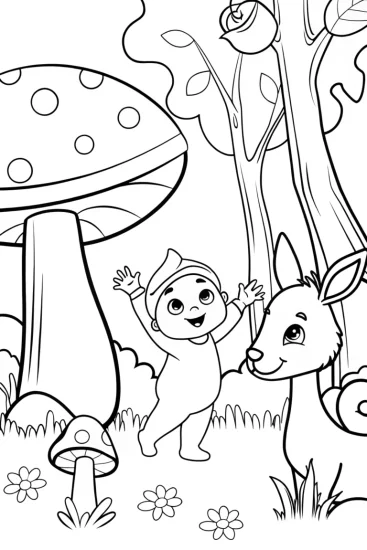 A coloring page of Baby’s Cozy Forest Adventure Coloring Page