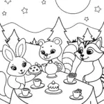 Starry Tea Party with Woodland Creatures Coloring Page