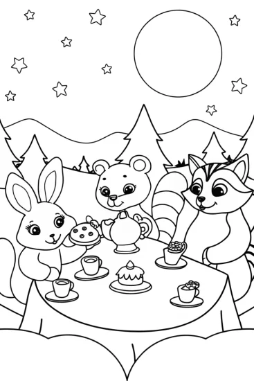 A coloring page of Starry Tea Party with Woodland Creatures Coloring Page