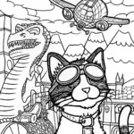 Whiskers the Cat’s Time-Travel Adventure Coloring Page
