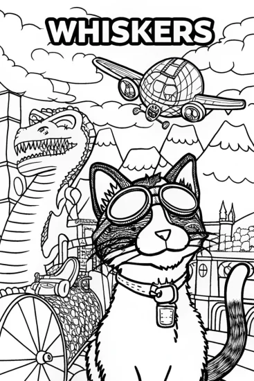 A coloring page of Whiskers the Cat’s Time-Travel Adventure Coloring Page