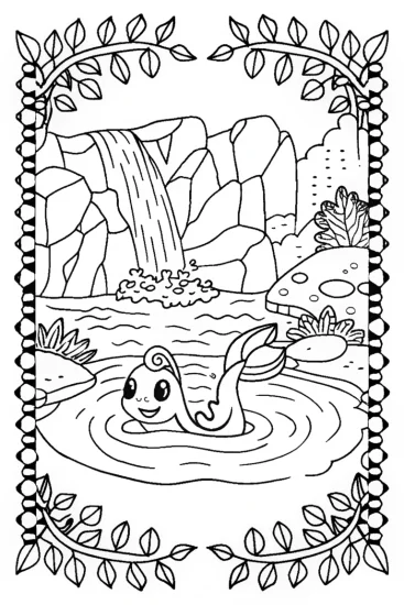 A coloring page of Dratini’s Enchanted Waterfall Adventure Coloring Page