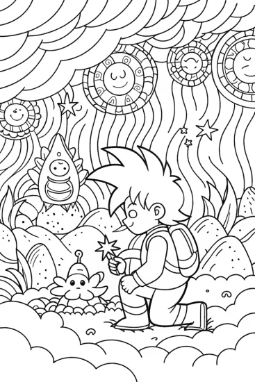 A coloring page of Goku’s Galactic Treasure Hunt Coloring Page