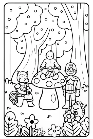 A coloring page of Avengers Assemble in a Whimsical Forest Coloring Page