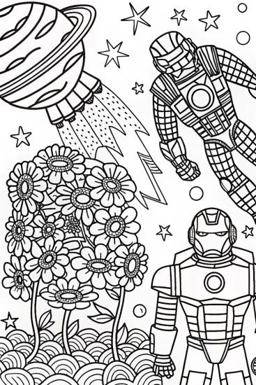 A coloring page of Iron Man Cosmic Gardening Coloring Page