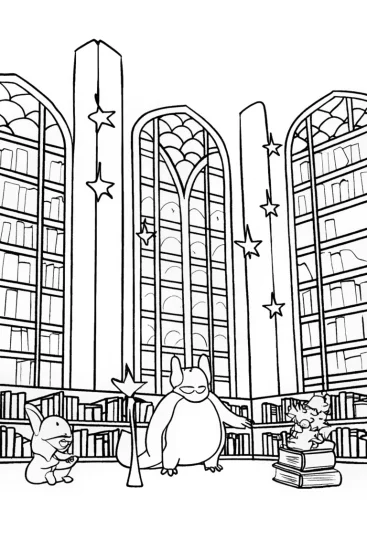 A coloring page of Charizard’s Magical Library Coloring Page