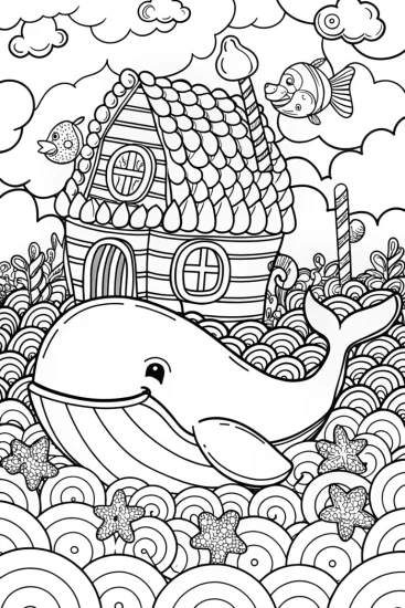 A coloring page of Gingerbread House on the Back of a Whale Coloring Page