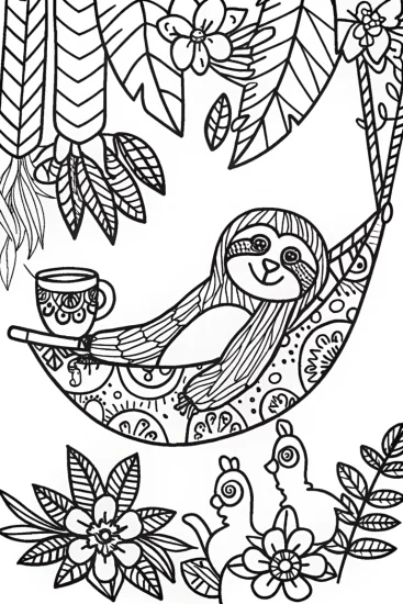 A coloring page of The Silly Sloth Tea Party Coloring Page