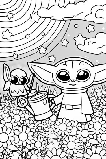 A coloring page of Baby Yoda’s Enchanted Star Garden Coloring Page