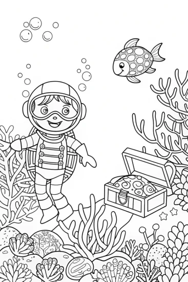 A coloring page of Blippi’s Underwater Treasure Hunt Coloring Page