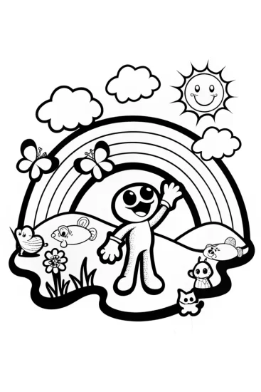 A coloring page of Huggy Wuggy’s Rainbow Adventure Coloring Page