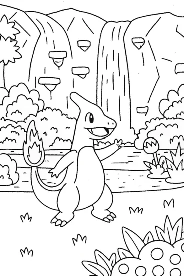 A coloring page of Charizard’s Flame Dance by the Waterfall Coloring Page