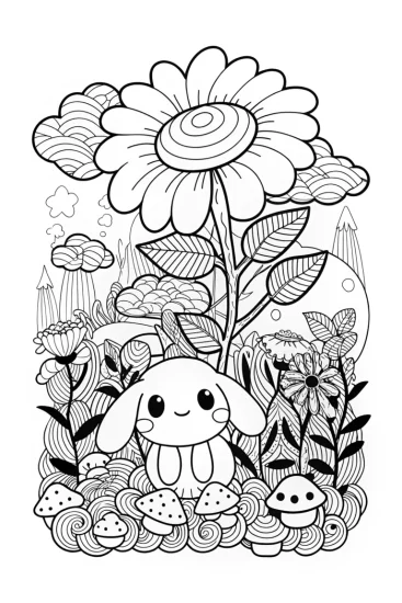 A coloring page of Cinnamoroll’s Enchanted Garden Coloring Page
