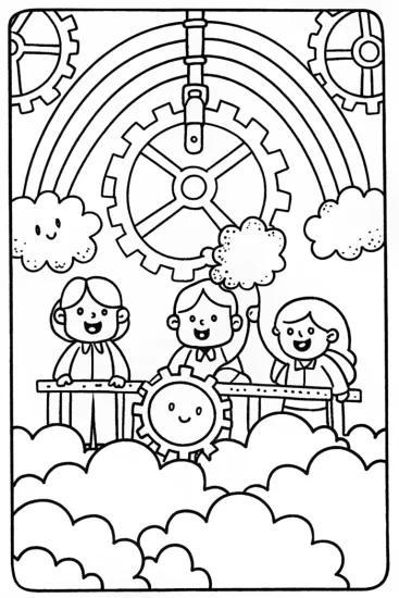 A coloring page of Rainbow High Students in a Cloud Factory Coloring Page