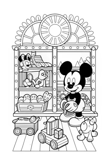 A coloring page of Mickey Mouse’s Magical Woodworking Workshop Coloring Page