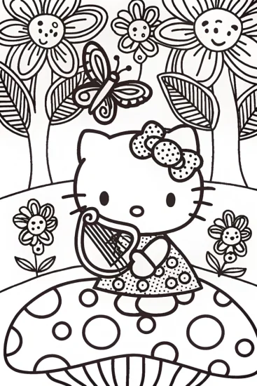 A coloring page of Hello Kitty’s Magical Music Garden Coloring Page