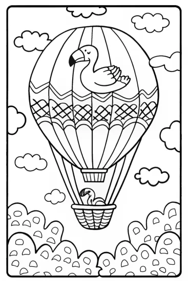 A coloring page of Flamingo Balloon Ride Adventure Coloring Page