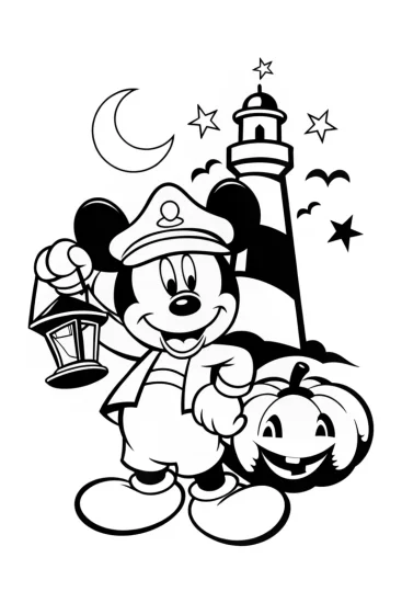 A coloring page of Mickey Mouse Halloween Lighthouse Coloring Page