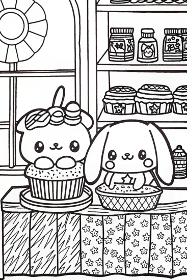 A coloring page of Pompompurin’s Baking Party Coloring Page
