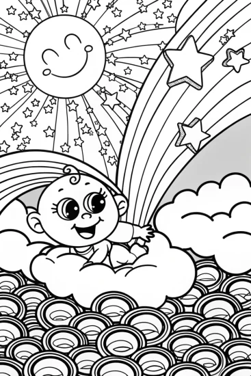 A coloring page of Baby’s Starry Adventure Coloring Page