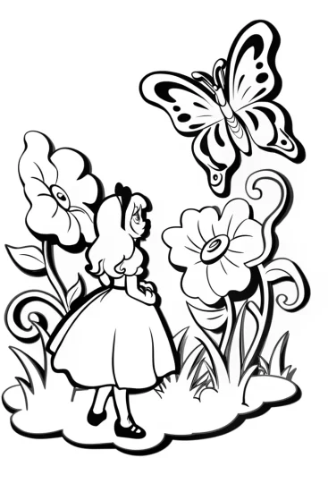 A coloring page of Alice in the Enchanted Garden Coloring Page
