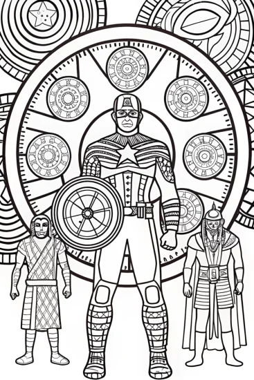 A coloring page of Captain America in a time warp quest coloring page