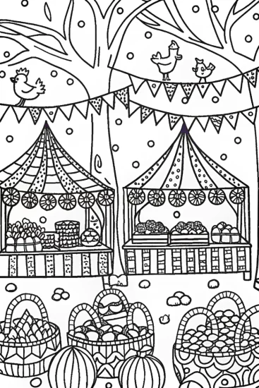 A coloring page of Chickens in a Fantasy Marketplace Coloring Page