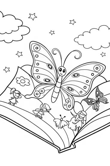 A coloring page of Butterfly Adventure in a Storybook Coloring Page