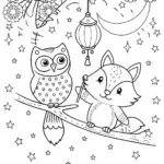 Rainbow Fox and Owl Lantern Coloring Page