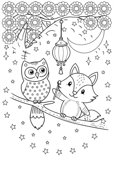 A coloring page of Rainbow Fox and Owl Lantern Coloring Page