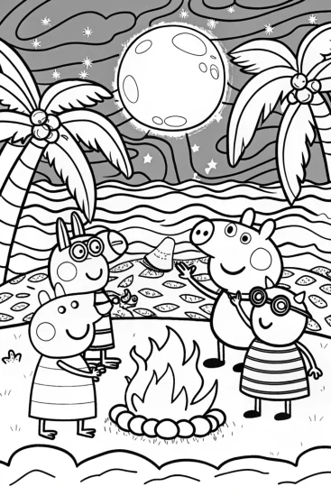 A coloring page of Peppa Pig’s Dance Party at the Moonlight Beach