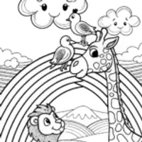 Lion Cub and Giraffe on Rainbow Bridge Coloring Page