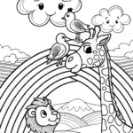 Lion Cub and Giraffe on Rainbow Bridge Coloring Page