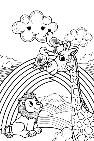 A coloring page of Lion Cub and Giraffe on Rainbow Bridge Coloring Page