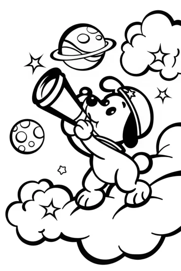 A coloring page of Puppy stargazer in a cosmic wonderland