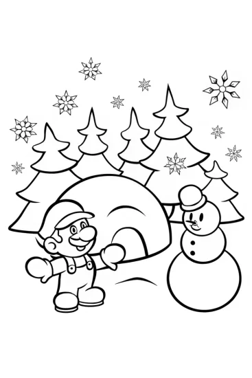 A coloring page of Mario’s Epic Snowball Fight Coloring Page