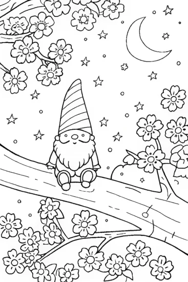 A coloring page of Gnome Stargazing Under the Cherry Blossom Tree