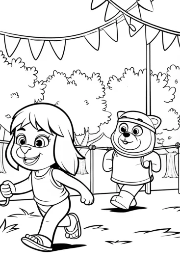 A coloring page of Bluey and Bingo’s Spectacular Sports Day Coloring Page