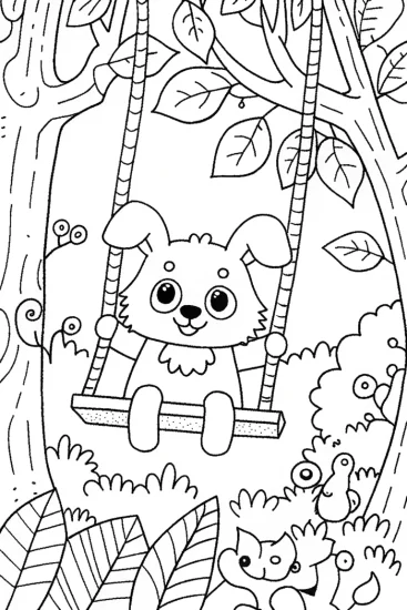 A coloring page of Puppy on a Swing in the Enchanted Park