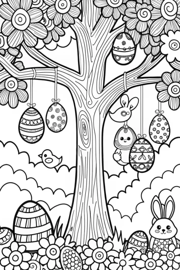 A coloring page of Easter Egg Wish Tree Coloring Page