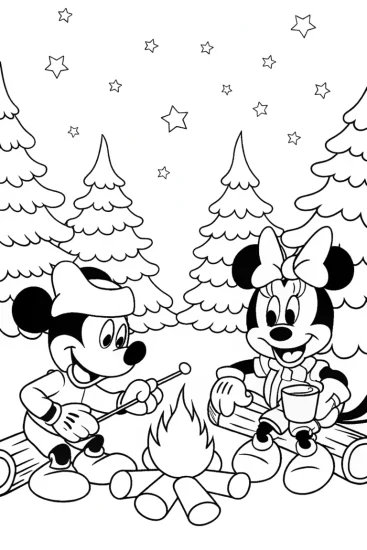 A coloring page of Mickey Mouse Holiday Bonfire Coloring Page